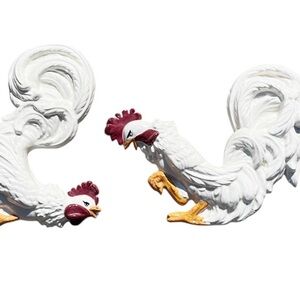 Vintage Pair Ceramic Rooster Wall Hanging Decor 14“ X 12“ Glossy Cottage Core